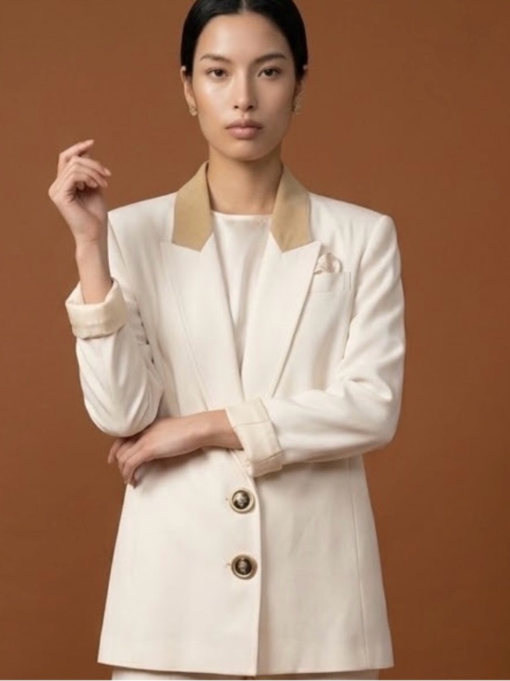 Women's Cream Statement Blazer with Suede Collar and Shoulder Pads.